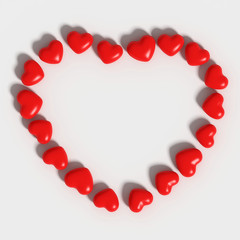 Obraz premium Heart shape made of many red hearts on white background; happy Valentine's day; top view, flat lay; creative layout 3d rendering, 3d illustration