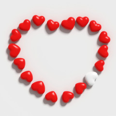 Heart shape made of many red hearts and single white against white background; happy Valentine's day; top view, flat lay; creative layout 3d rendering, 3d illustration