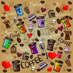 Hand-drawn coffee background with coffee accessories.