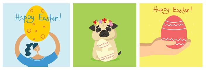 Vector Easter cards with people, cute puppy dog, egg and hand drawn text - Happy Easter in the flat style