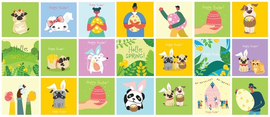 Vector Easter cards with people, cute puppy dog, rat, panda and cat with rabbit ears, spring flower, egg and hand drawn text - Happy Easter in the flat style