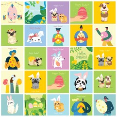 Vector Easter cards with people, cute puppy dog, rat, panda and cat with rabbit ears, spring flower, egg and hand drawn text - Happy Easter in the flat style