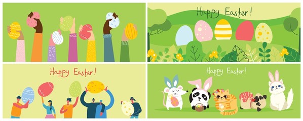Vector Easter cards with people, cute puppy dog, rat, panda and cat with rabbit ears, spring flower, egg and hand drawn text - Happy Easter in the flat style
