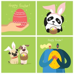 Vector Easter cards with cute puppy dog, rat, panda and cat with rabbit ears, spring flower, egg and hand drawn text - Happy Easter in the flat style