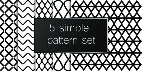 Set of 5 simple ornament vector patterns. Use for ceramic tiles, wallpaper, linoleum, textiles, wrapping paper, web page, kids, postcard. Background or wallpaper black and white colours 