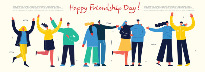 Happy Friendship day. Vector concept background with the group of happy people - best friends in a flat style.