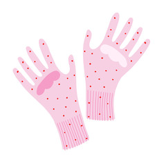 Household gloves, pink rubber gloves for housewife, decorative protective latex gloves for house cleaning and dishwasing, flat cartoon illustration, vector icon isolated on white