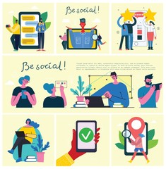 Fototapeta premium Stay mobile, be social! Connection background with man with laptop and smartphones. Chat, email messaging, sms, mobile concepts for web sites, web banners in modern flat design
