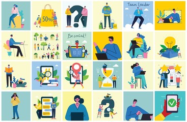 Fototapeta premium Stay mobile, be social! Connection background with man with laptop and smartphones. Chat, email messaging, sms, mobile concepts for web sites, web banners in modern flat design
