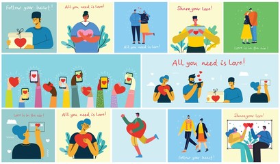 Happy Valentine's Day. Hands and people with hearts as love massages. Vector illustration for Valentine's day in the modern flat style