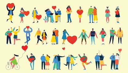 Love is in the air. People with hearts as love messages. Vector illustration for Valentine's day in the modern flat style