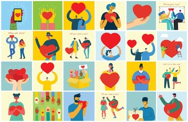 Happy Valentine's Day. People with hearts as love massages. Vector illustration for Valentine's day in the modern flat style