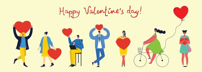 Happy Valentine's Day. Hands and people with hearts as love massages. Vector illustration for Valentine's day in the modern flat style