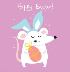 Obraz na płótnie Canvas Vector Easter card with cute rat with rabbit ears and hand drawn text - Happy Easter in the flat style