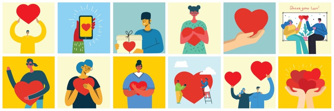 Share your Love. Hands and people with hearts as love massages. Vector illustration for Valentine's day in the modern flat style