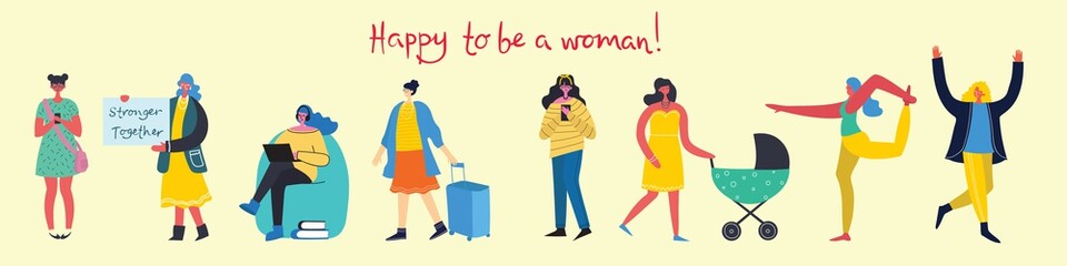 Fototapeta na wymiar Colorful vector illustration concept set of different activities of women for Happy Women's internarional day cards, posters and banners . Group of happy female friends, mothers in flat design