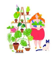 Cute young woman with cat taking care of houseplants growing in pots or planters. Hobby, houseplants. Vector illustration in flat style. 