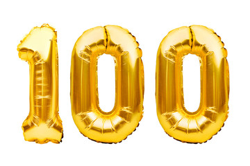 Number 100 one hundred made of golden inflatable balloons isolated on white. Helium balloons, gold...