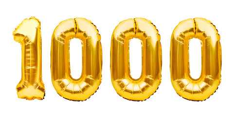 Number 1000 one thousand made of golden inflatable balloons isolated on white. Helium balloons, gold foil numbers. Party decoration, 1000 subscribers or followers and likes - obrazy, fototapety, plakaty