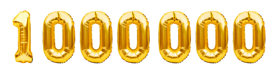 Number 1000000 one million made of golden inflatable balloons isolated on white. Helium balloons, gold foil numbers. Party decoration, number of reached goal of subscribers or followers and likes - obrazy, fototapety, plakaty
