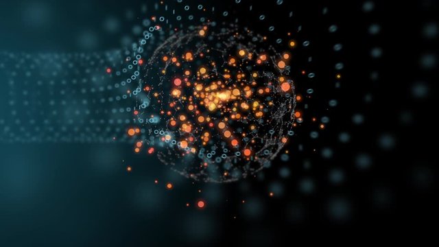 The abstract high-tech digital tunnel with rows of numbers and red polygonal sphere on the forefront flickering and moving on big speed.