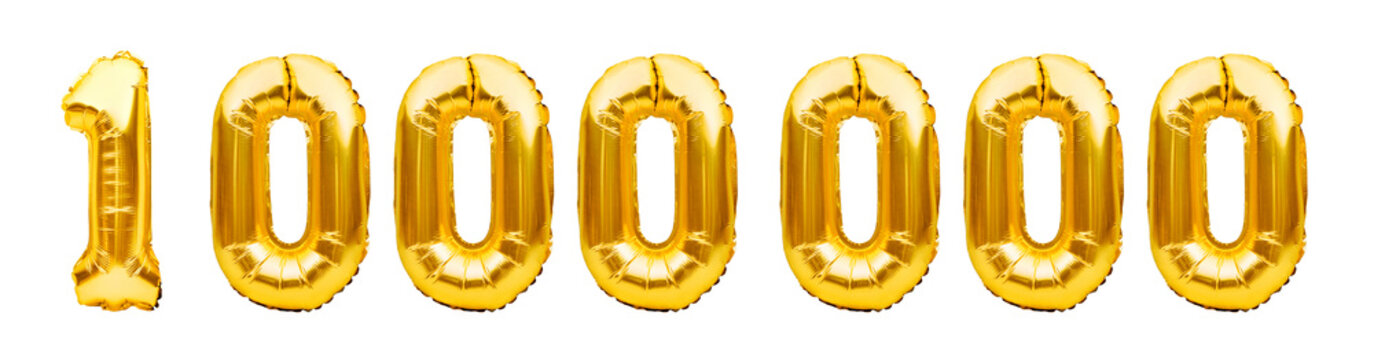Number 1000000 one million made of golden inflatable balloons isolated on white. Helium balloons, gold foil numbers. Party decoration, number of reached goal of subscribers or followers and likes