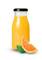 Composition with a bottle of squeezed orange juice and an orange slice with a leaf isolated on a white background. Clipping path. Print and web element.
