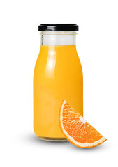 Composition with a bottle of squeezed orange juice and an orange slice isolated on a white background. Clipping path. Print and web element.