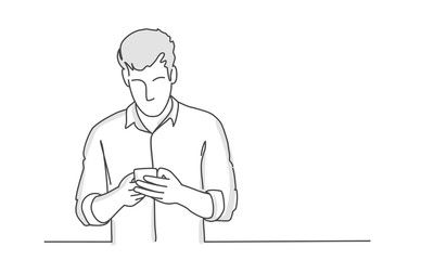Man or Businessman uses a smartphone while standing. Line drawing vector illustration.