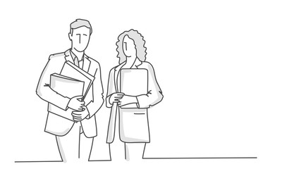 Business people with file folders. Line drawing vector illustration.