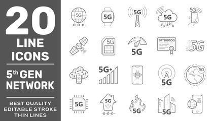 5G internet line icons set. Internet mobile safety wireless 5g signal telecommunication new technology vector symbols. Editable Stroke. EPS 10