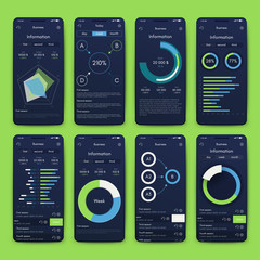 Modern infographic vector elements for business brochures. Use in website, corporate brochure, advertising and marketing. Pie charts, line graphs, bar graphs and timelines.