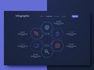 Fototapeta premium Vector graphics infographics with six options. Template for creating mobile applications, workflow layout, diagram, banner, web design, business reports with 6 steps