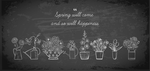 Greeting card with  bouquetes of garden flowers and place for your text on blackboard background. © elinacious