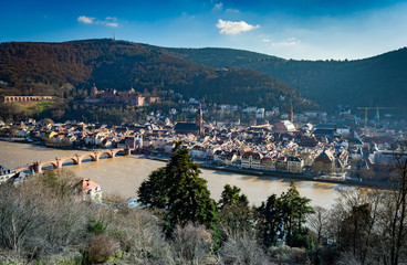 Aerial View of Heidelberg old town with castle and bridge, neckar river, germany