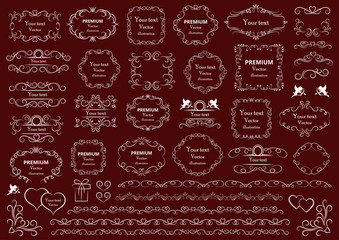 Calligraphic design elements . Decorative swirls or scrolls, vintage frames , flourishes, labels and dividers. Retro vector illustration.