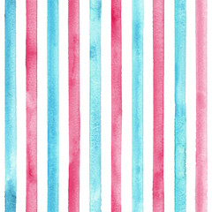 Watercolor teal blue pink stripes on white background. Colorful striped seamless pattern