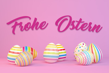 3d Illustation - Frohe Ostern - 8 farbenfrohe, bemalte Ostereier auf pinken Hintergrund - Text - Oster