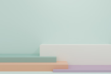 3d rendered illustration with geometric step cube colorful podium platform for cosmetic product presentation.Mock up design empty space. Abstract composition in pastel background modern style