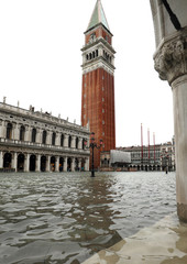 Bell tower of Saint Mark in Venice during the tide
