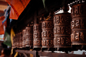 Buddhist prayer wheel at Swayambunath stupa, monkey temple, Kathmandu, Nepal