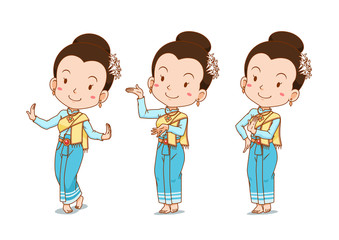 Cartoon character of traditional Thai dancer girl in different poses.