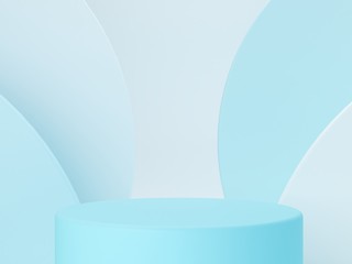Minimal scene with podium and abstract background. Geometric shape. Blue pastel colors scene. Minimal 3d rendering. Scene with geometrical forms and blue background. 3d render. 
