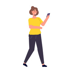 Girl with phone in hand. Checking social networks. Vector illustration