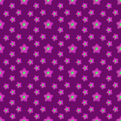 Fototapeta na wymiar Seamless repeat pattern with pink flowers on lilac background. drawn fabric, gift wrap, wall art design, wrapping paper, background, fabric print, web page backdrop.