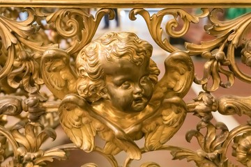 St. Petersburg, Russia, February 2020. The face of the angel is not a bronze fencing of the altar of St. Isaac`s Cathedral.