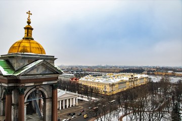 St. Petersburg, Russia, February 2020.  The bell tower of St. Isaac`s Cathedral and a view of the...