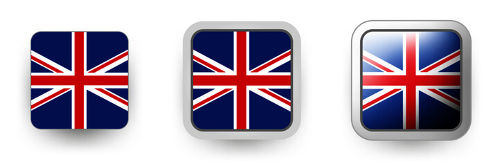 6 United Kingdom (UK) vector icons - button shield and gear, flat and volumetric style in flag colors blue, red, white for flyer any holiday design or poster