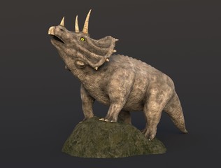 3d render of a triceratops dinosaur on a stone.