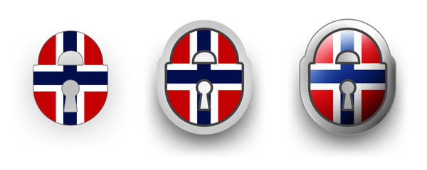 6 Norway vector icons - button shield and gear, flat and volumetric style in flag colors red, blue, white for flyer any holiday design or poster